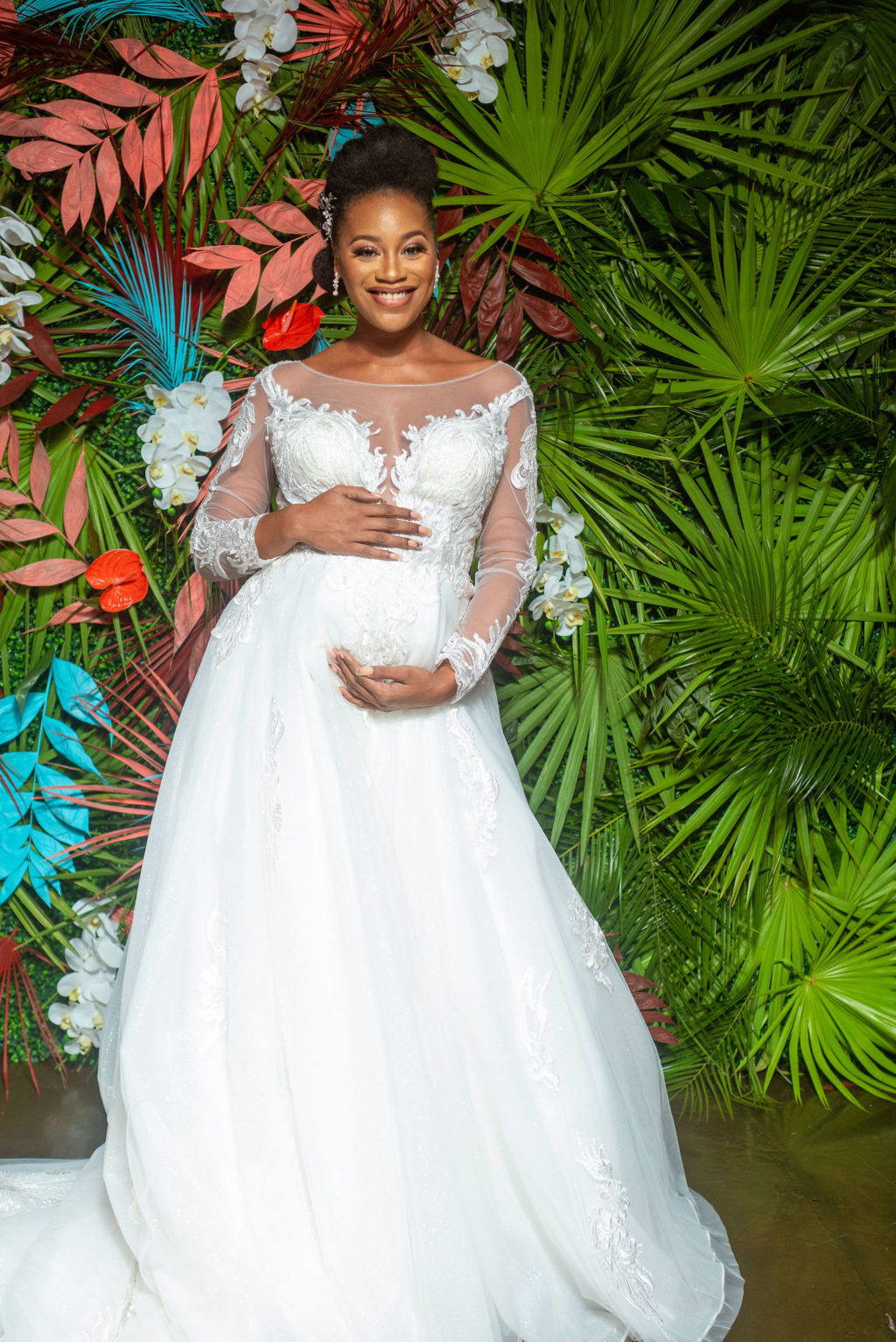 Tampa Bay Wedding Fashion Show in Ybor City, Bride in A Line Pregnancy Wedding Dress with Long Illusion Lace Sleeves | Designer Royal Bridal | Florida Venue 7th + Grove
