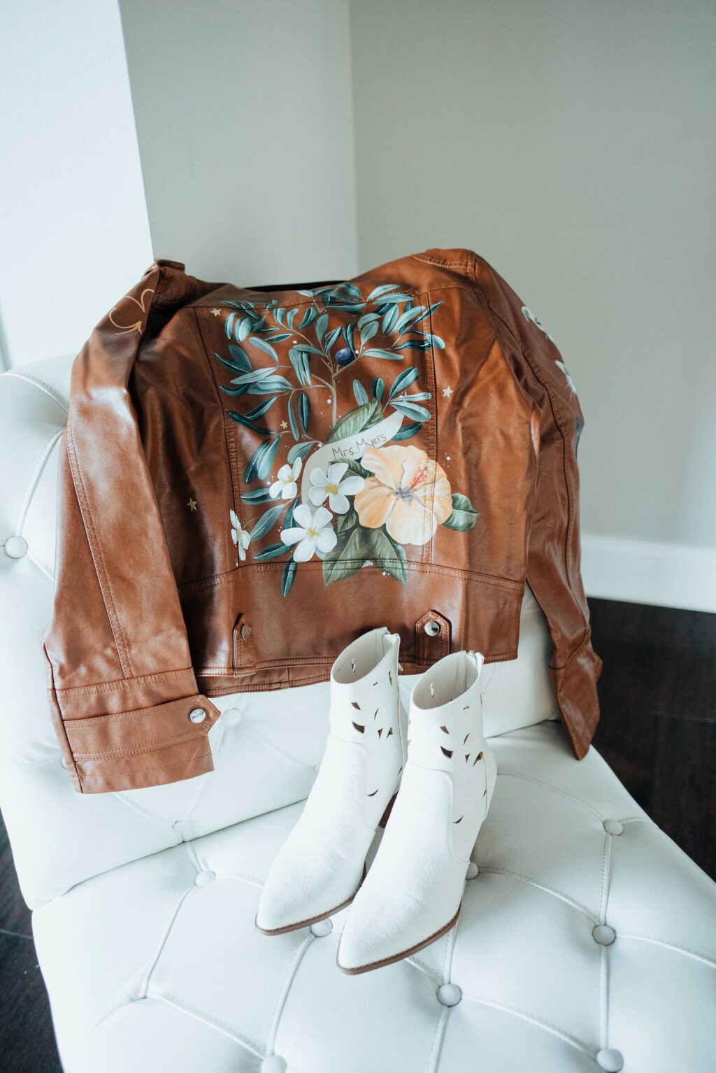 Painted Leather Jacket and White Boots | Bridal Bohemian Wedding Style