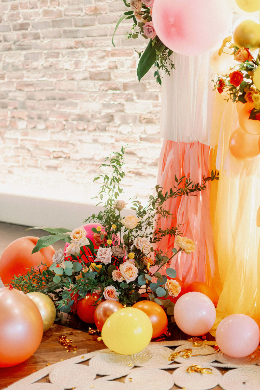 Whimsical and Colorful Wedding Decor, Pink, Orange, Yellow and White Fringe and Balloon Ceremony Backdrop | Tampa Bay Wedding Photographer Dewitt for Love