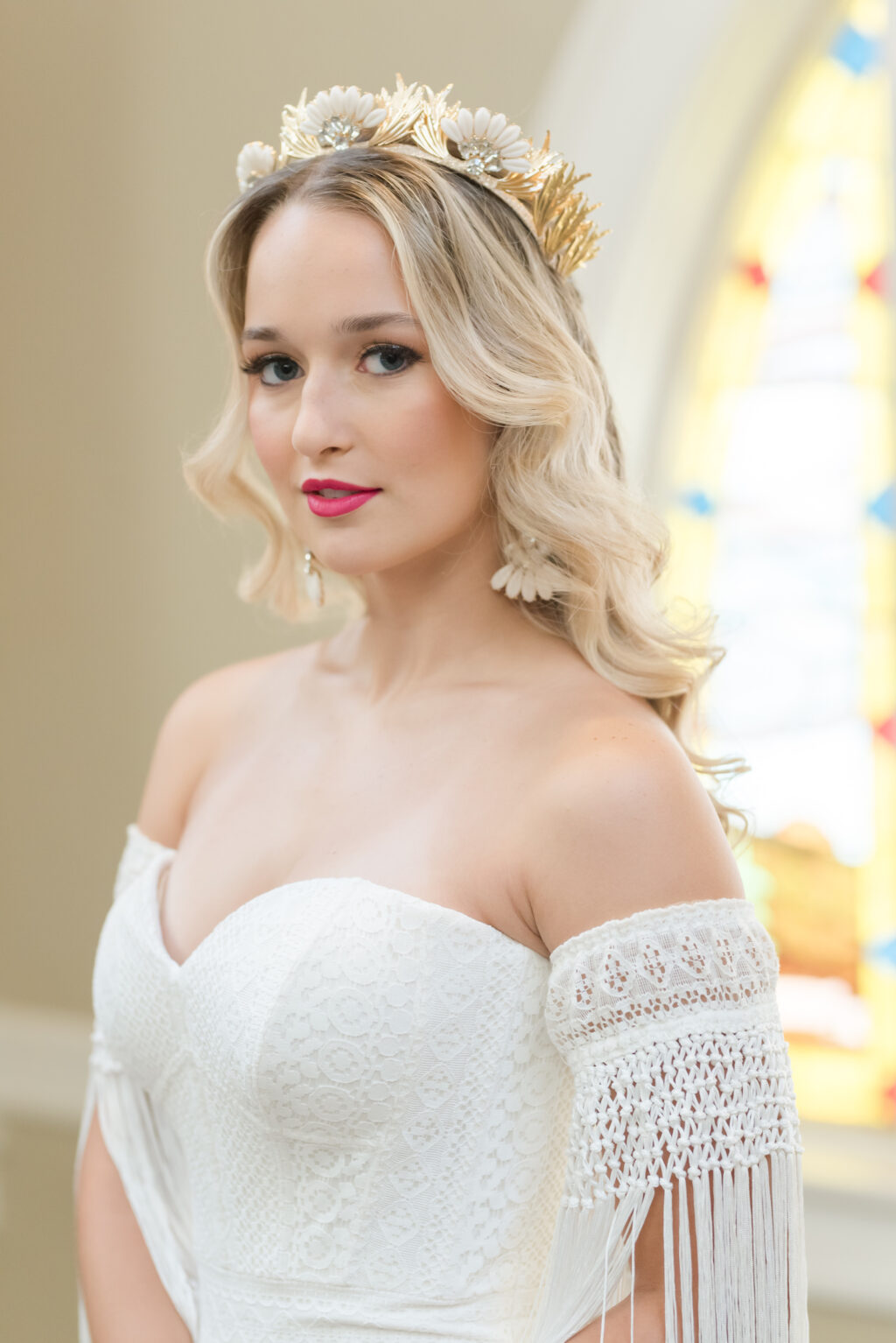 Florida Bride Wearing Strapless Vintage Wedding Dress with Fringe Off the Shoulder Sleeves, Gold and Ivory Floral Crown | Adore Bridal Hair and Makeup