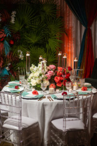 Modern Florida Wedding Reception Decor, Romantic Tall Floating Candles with Low Floral Centerpiece, Pink, White and Red Roses, Teal Linens, Ghost Chiavari Chairs | 7th and Grove