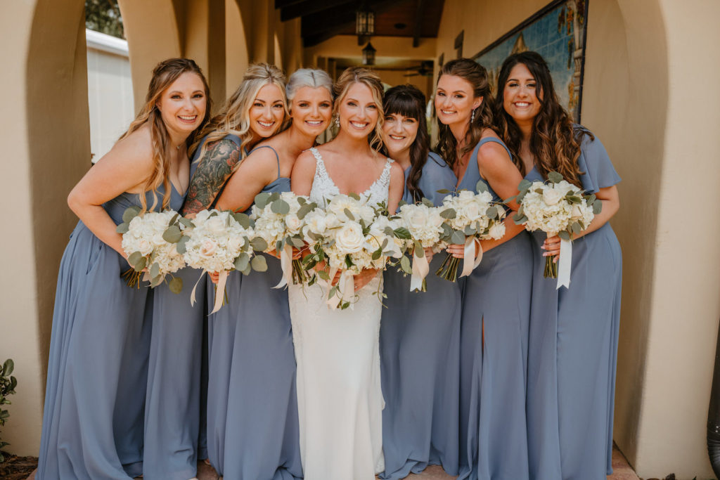 Bride and Bridesmaids Portrait | Bridesmaids in Dusty Blue Long Mix and Match Bridesmaid Dresses | Dear Cleo