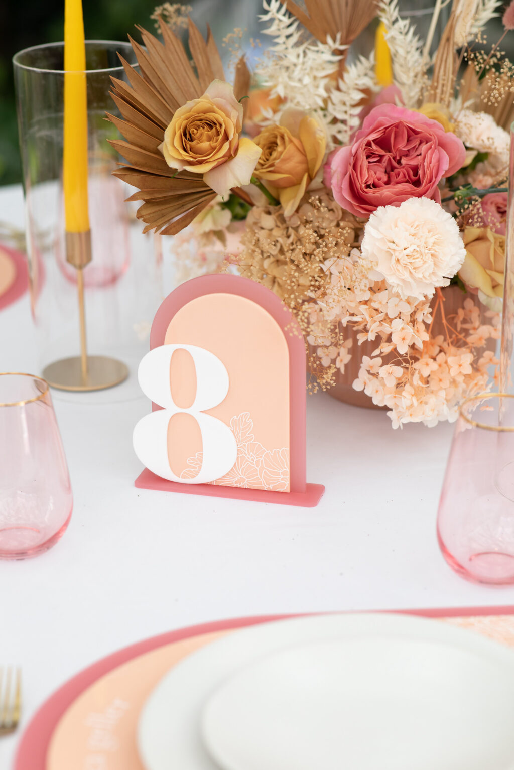 Pink and Peach Wedding Reception Table Numbers and Boho Tan Centerpiece | Tampa Bay Wedding Planner Stephany Perry Events