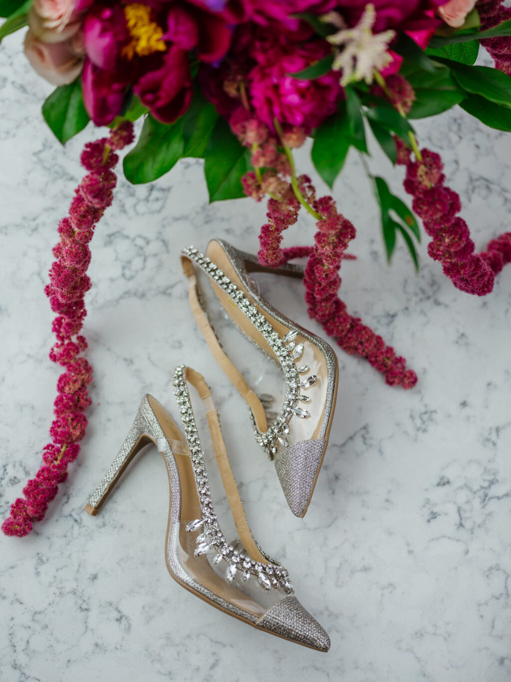 Silver Pointed Toe and Clear See Through and Rhinestone Bridal Wedding Shoes, Pink Amaranthus | Tampa Bay Wedding Florist Iza's Flowers