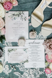 Elegant White Wedding Invitations with Greenery and Floral Details| Timeless Wedding Invitations and Save the Dates | Jimmy Choo Open Toe Heels