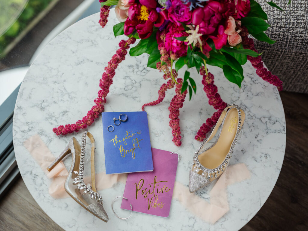 Silver Pointed Toe and Clear See Through and Rhinestone Wedding Heels, Pink Amaranthus Floral Bouquet, Pink and Blue Wedding Vow Books | Tampa Bay Wedding Florist Iza's Flowers