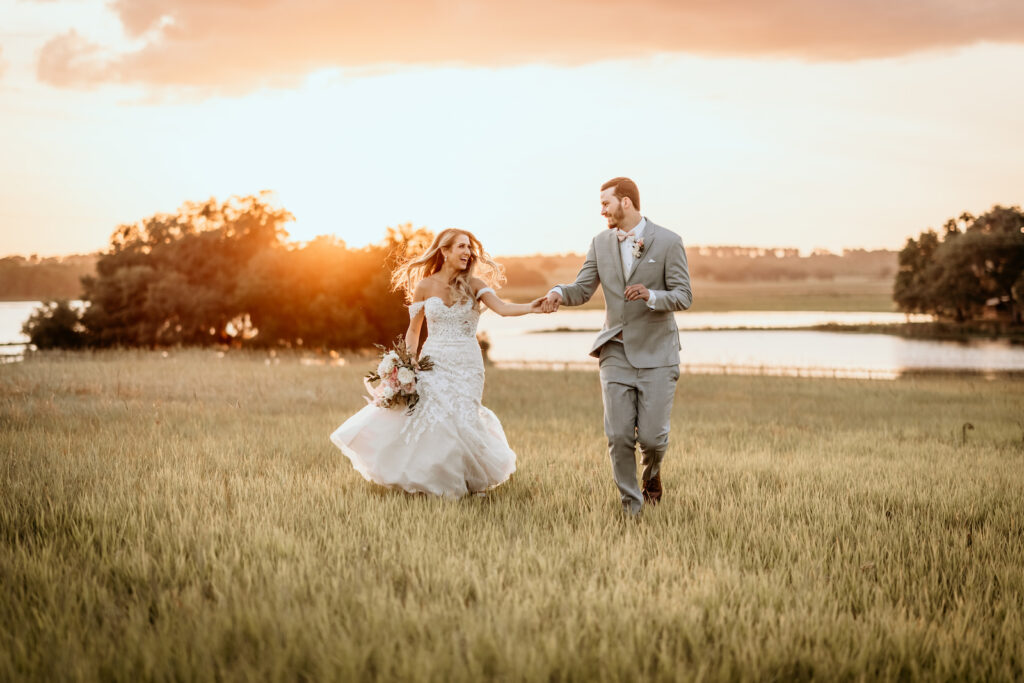 Bride and Groom Running Wedding Portrait | South Florida Rustic Wedding Venue | Covington Farms