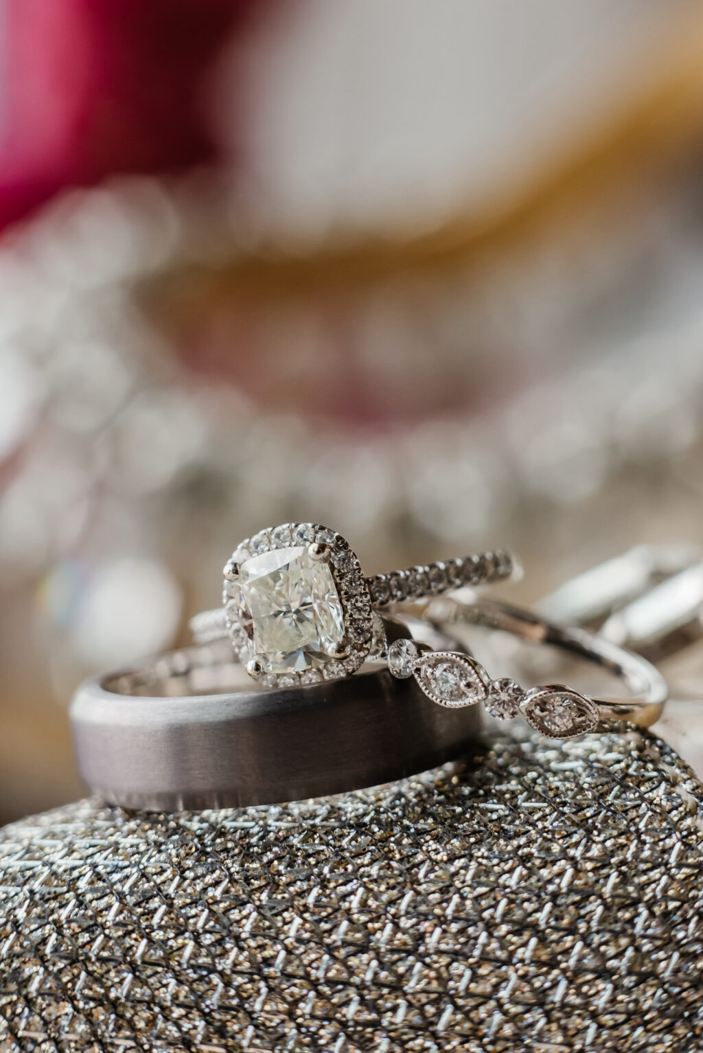 Cushion Cut Halo Diamond Engagement Ring, Vintage Marquis and Round Bride Wedding Band, Black Groom Wedding Ring