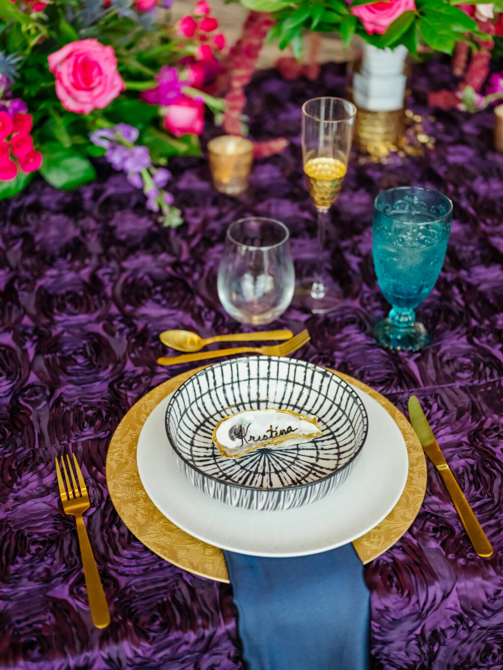 Jewel Tone Wedding Reception Decor, Purple Flower Linen, Gold Charger, Whimsical Bowl, Gold Flatware, Blue Linen Napkin | Tampa Bay Wedding Planner Perfecting the Plan | Wedding Florist Iza's Flowers