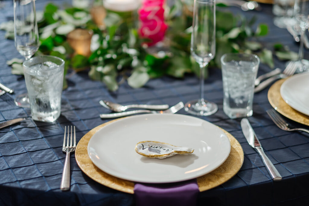 Jewel Tone Wedding Reception Decor, Navy Blue Linen, Gold Charger, Whimsical Bowl, Gold Flatware, Blue Linen Napkin | Tampa Bay Wedding Planner Perfecting the Plan | Wedding Florist Iza's Flowers