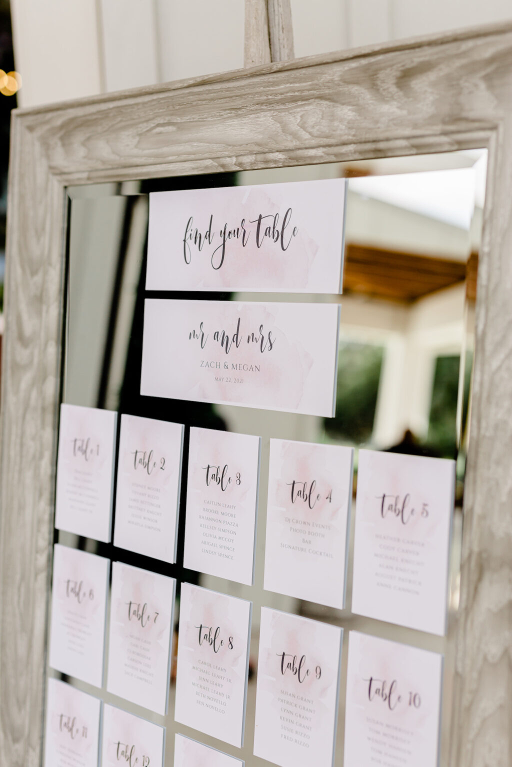Rustic Wedding Seating Chart on Mirror with White Wood Frame