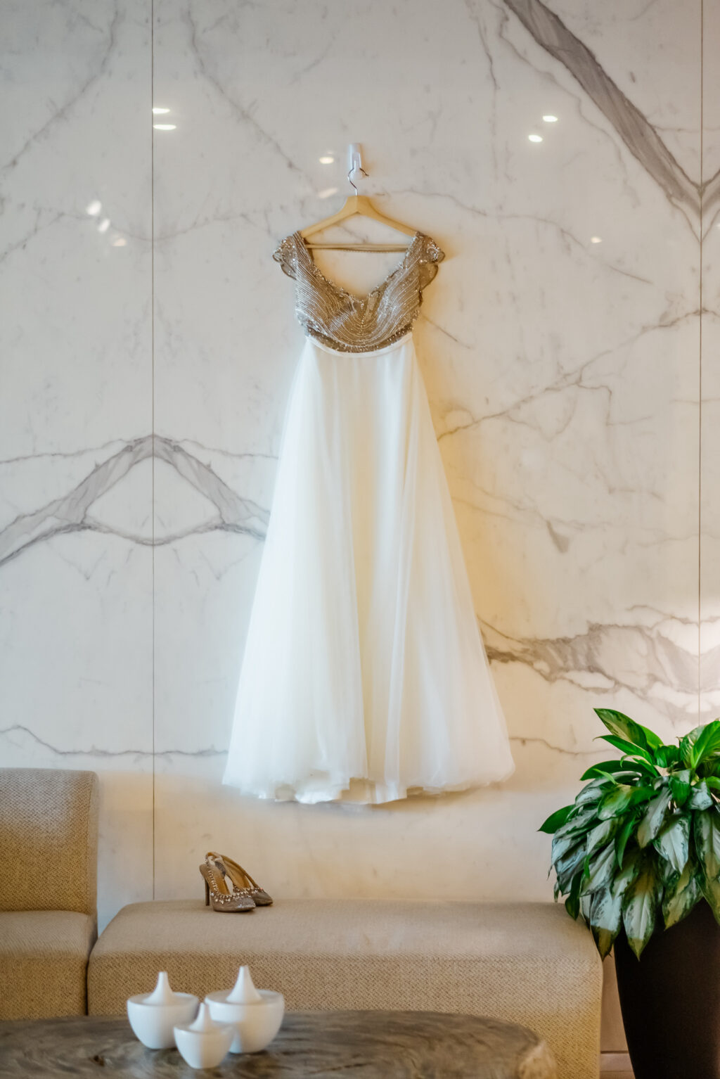 Natural Waist Hand Beaded Silver and Gold Bodice with Cap Sleeves, Sheath Skirt Alon Livne Michelle Wedding Dress