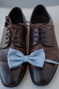 Groom's Deep Brown Oxford Dress Shoes and Dusty Blue Bow Tie