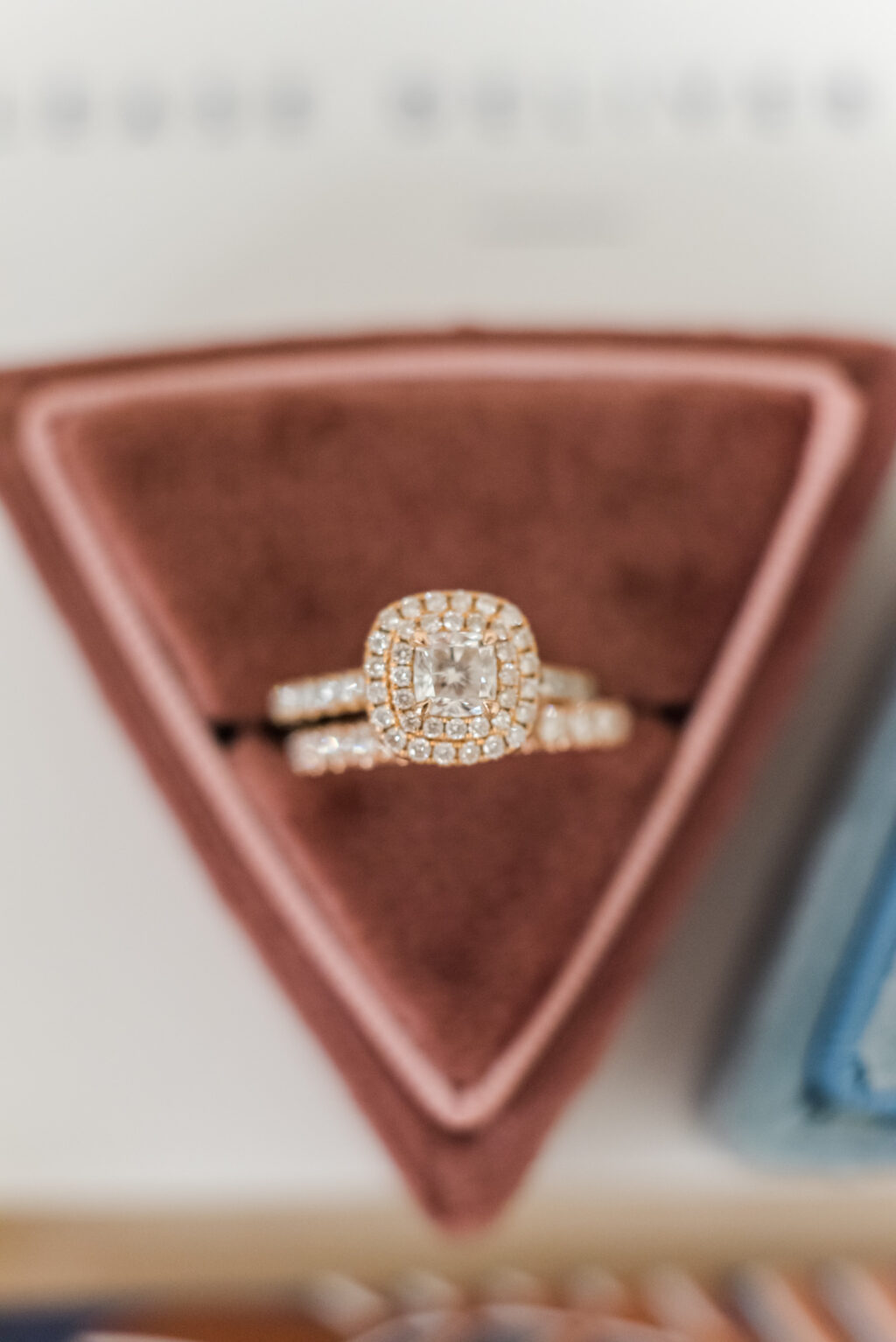 Diamond Engagement Ring with Double Halo and Gold Diamond Wedding Band in Ring Box