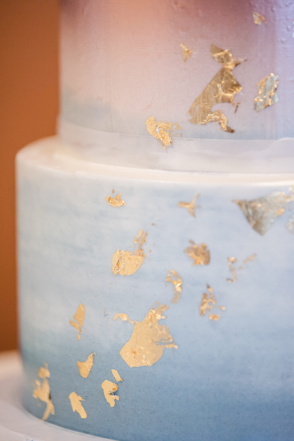 Two Tiered Dusty Blue and Rose Gold Ombre Wedding Cake with Rose Gold Cake Topper and Gold Flakes | Two Tiered Dusty Blue and Rose Gold Ombre Wedding Cake with Rose Gold Cake Topper and Gold Flakes | St. Pete Cake Baker The Artistic Whisk