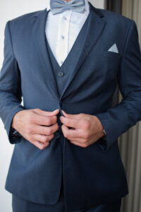 Navy Blue Grooms Tux with Dusty Blue Pocket Square