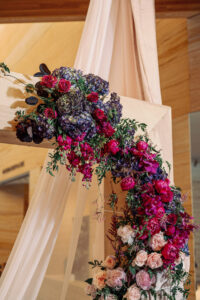 Art Inspired Wedding Ceremony Decor, Wooden Square Frame Arch, Linen Draping, Blue Hydrangeas, Fuschia Pink Roses, Blush and Purple Cascading Floral Arrangement | Tampa Bay Wedding Photographer Dewitt for Love | Wedding Planner Wilder Mind Events | Wedding Linens Over the Top Rental Linens