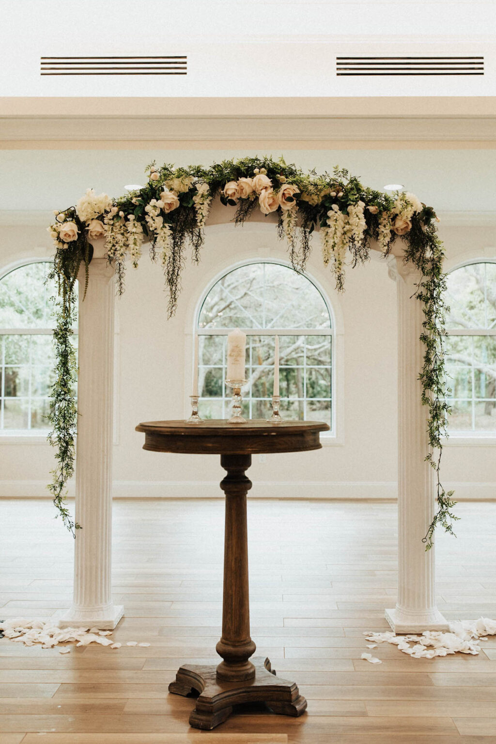 Floral and Greenery Archway Wedding Décor | Florida Wedding Church Ceremony Harborside Chapel