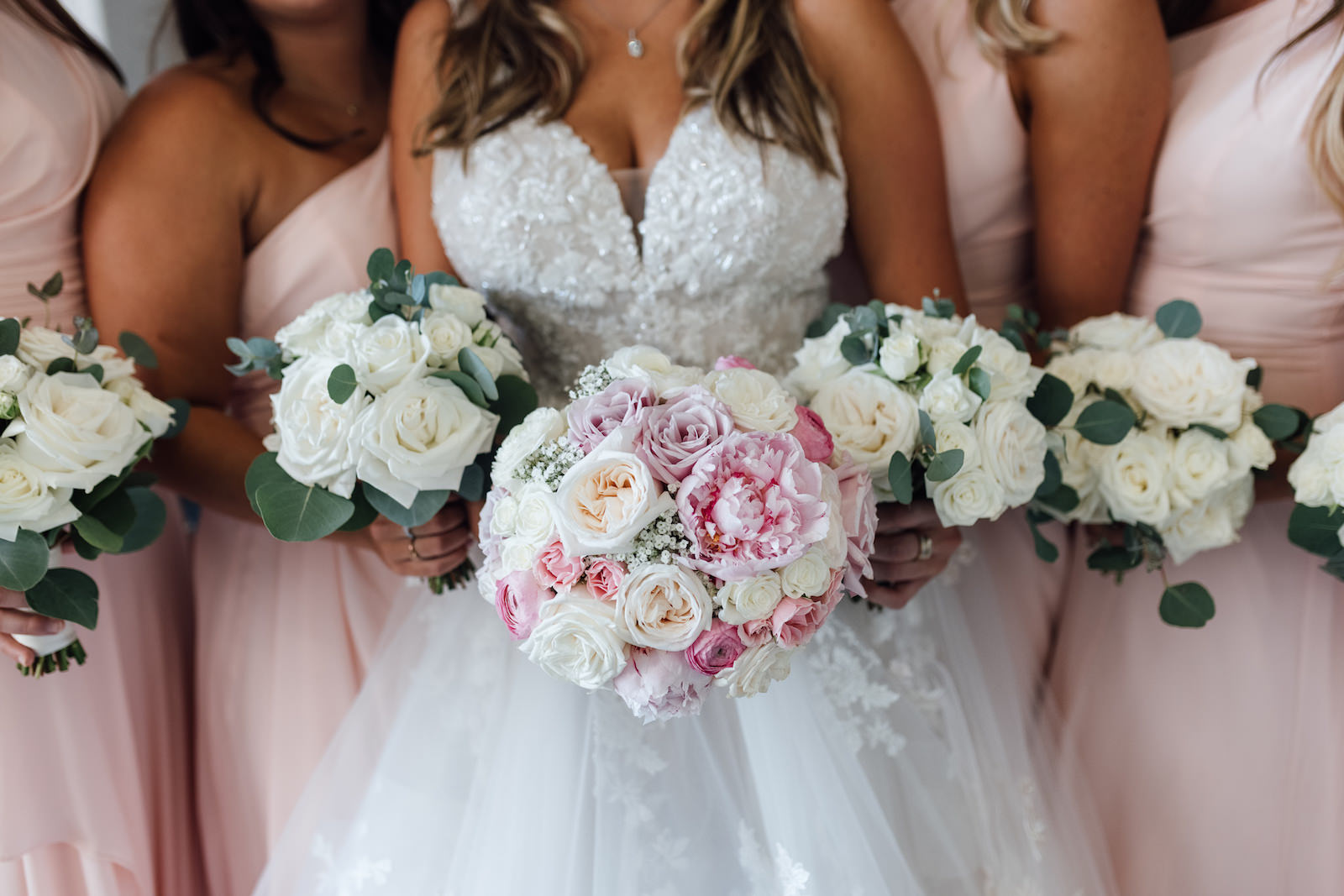 White Rose and Greenery Bridesmaids Bouquets and Blush, Pink, and White Bridal Bouquet | St. Pete Beach Wedding Florist Bruce Wayne Florals
