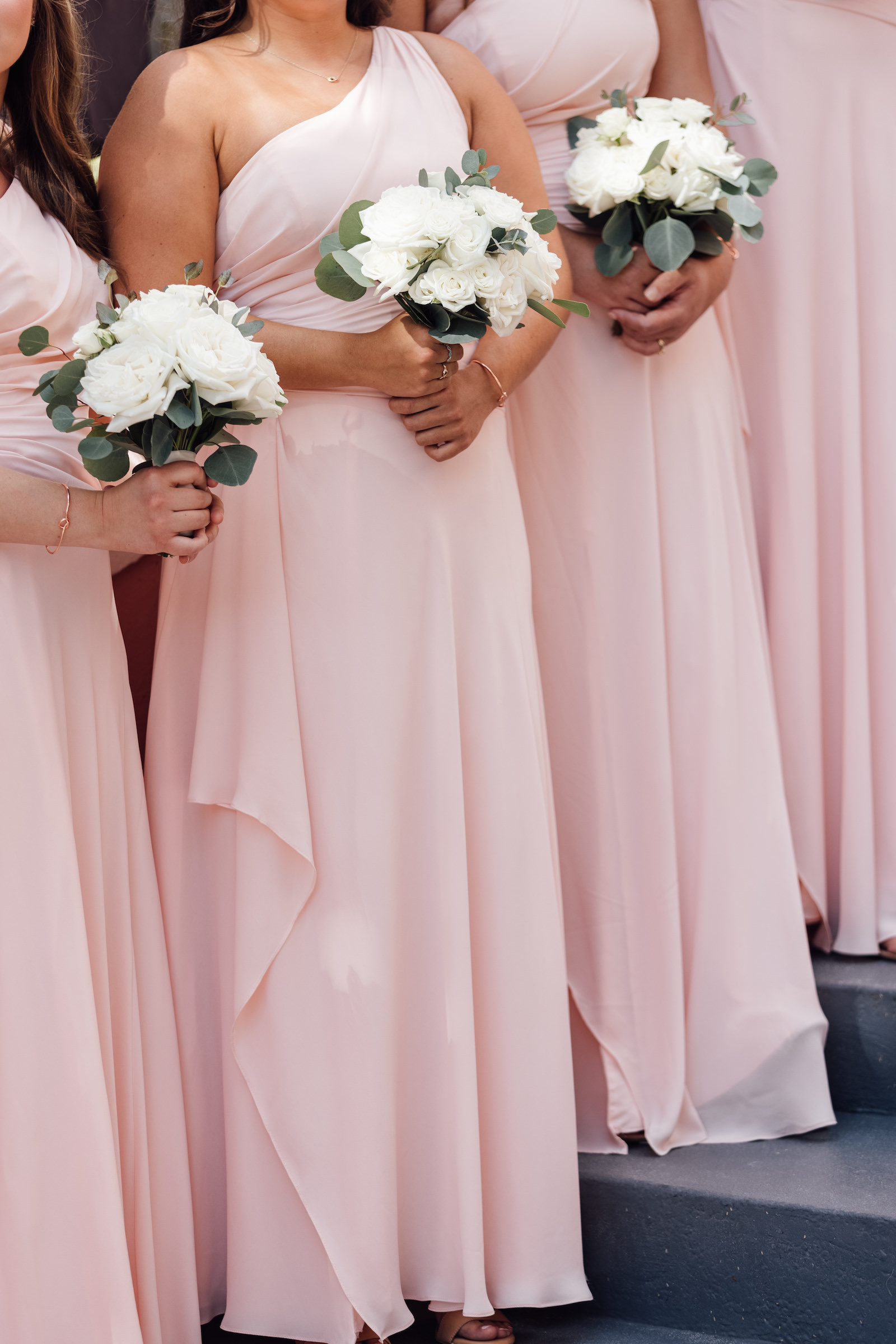 Blush Pink Bridesmaids Dresses with White Rose and Greenery Bouquet | St. Pete Wedding Florist Bruce Wayne Florals