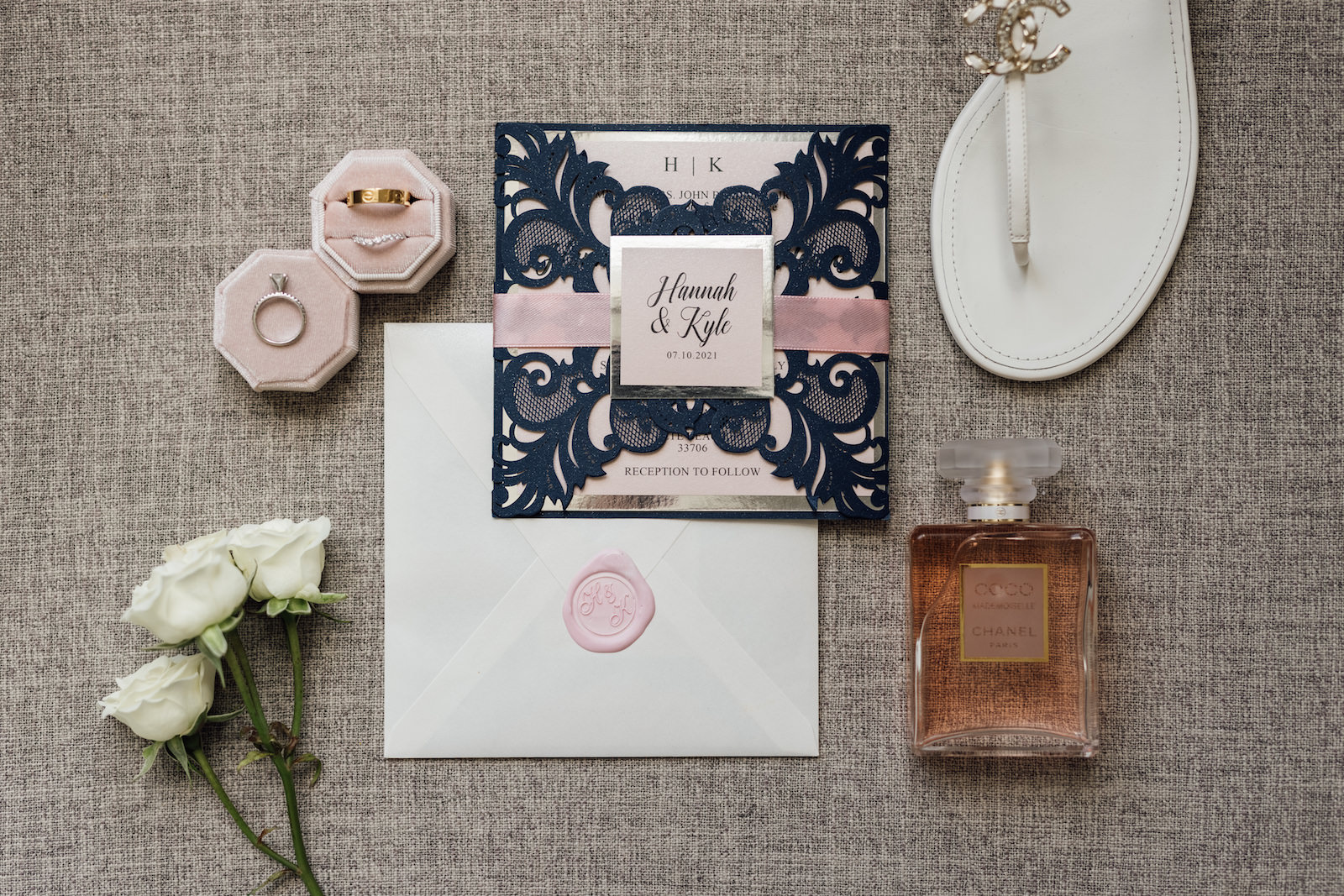 Romantic Pink and Navy Blue Lace Wedding Invitation
