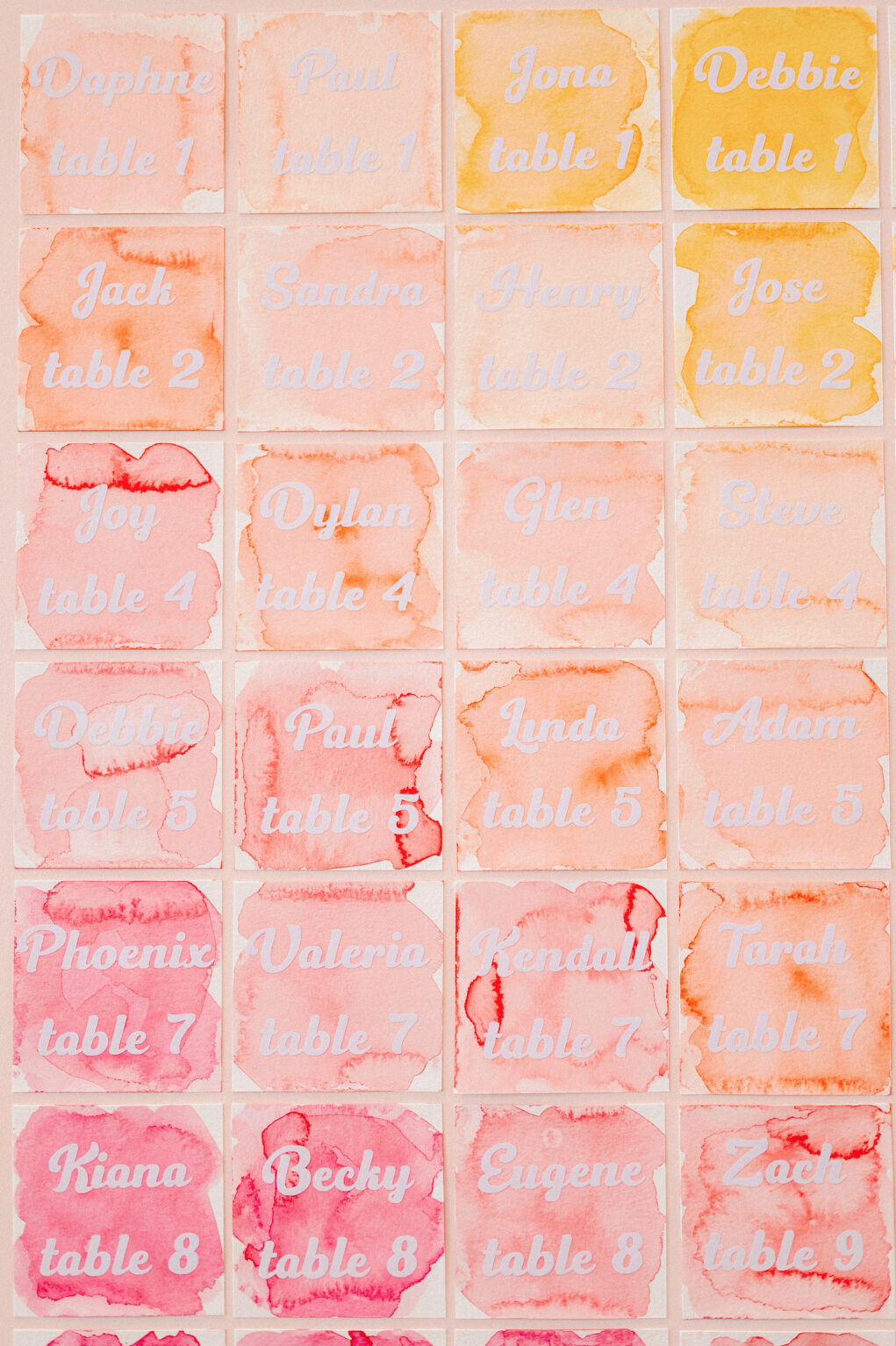 Art Inspired Wedding Decor, Whimsical Unique Watercolor Square Pink, Orange and Yellow Seating Chart | Tampa Bay Wedding Photographer Dewitt for Love | Wedding Planner Wilder Mind Events