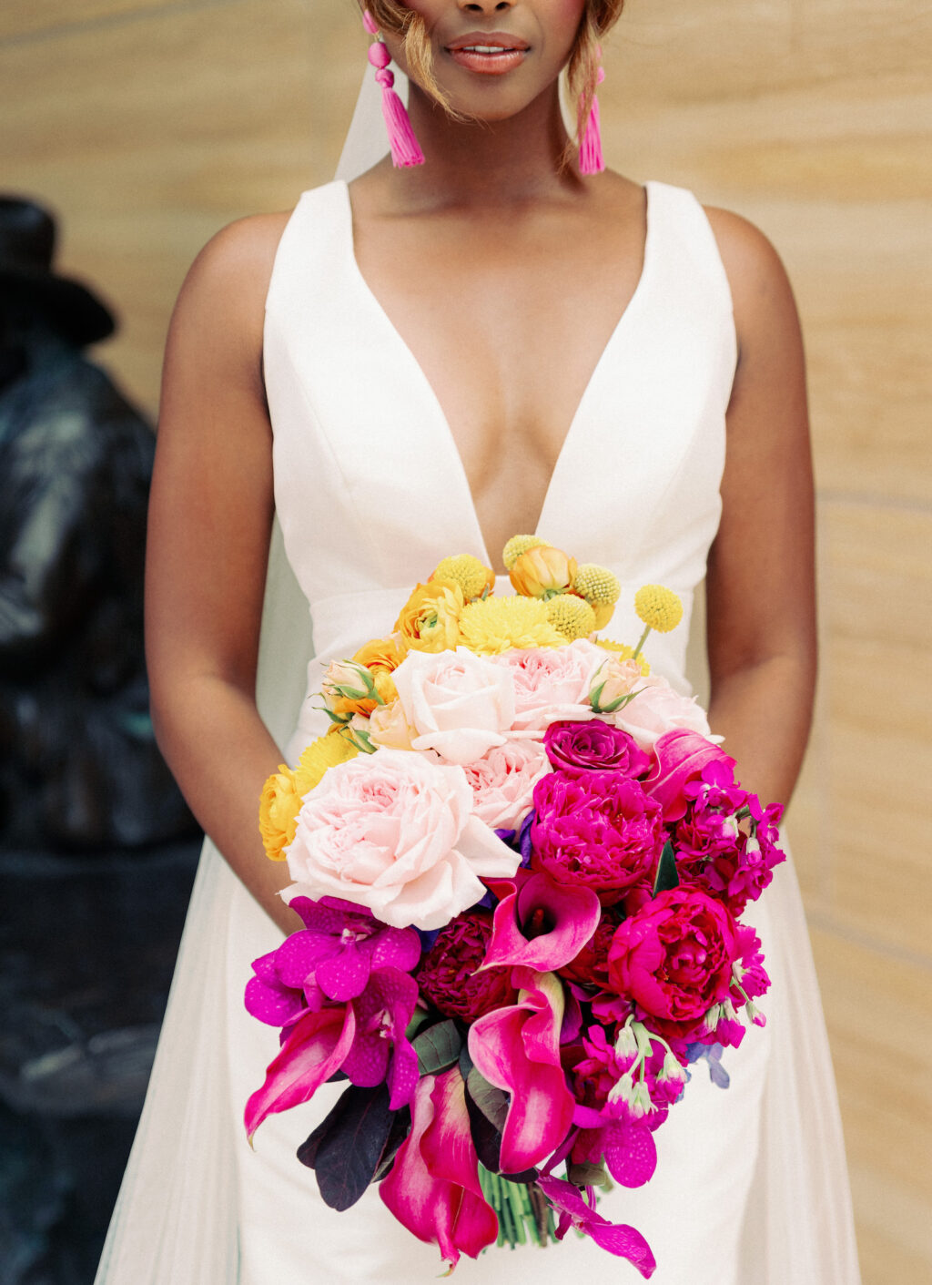 Modern Bride in Classic White Wedding Dress Holding Colorful Vibrant Whimsical Fuschia Pink, Blush and Yellow Floral Bouquet | Tampa Bay Wedding Photographer Dewitt for Love | Wedding Planner Wilder Mind Events |