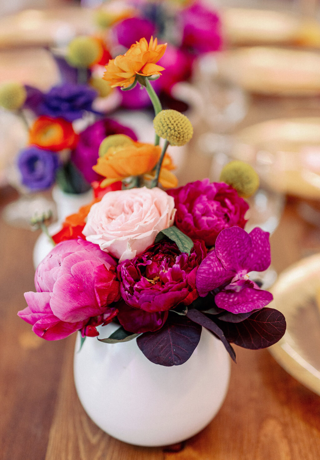 Whimsical Art Inspired Wedding Reception Decor, Low Fuschia Pink and Blush Roses, Orange Flower Centerpiece | Tampa Bay Wedding Photographer Dewitt for Love | Wedding Planner Wilder Mind Events
