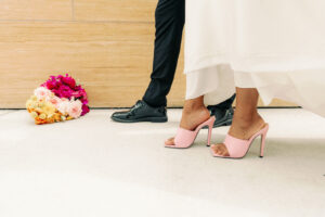 Modern Bride Wearing Pink Wedding Heels and Groom Wearing Shiny Dress Shoes, Colorful Vibrant Whimsical Yellow, Blush and Fuschia Pink Bridal Bouquet | Tampa Bay Wedding Planner Wilder Mind Events | Wedding Photographer Dewitt for Love