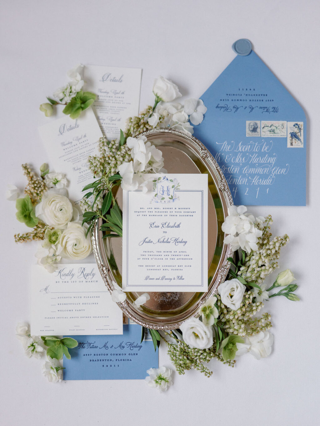 Elegant Wedding Invitation and Stationary Suite, Dusty Blue and White Envelopes, Ivory Florals, Silver Serving Tray