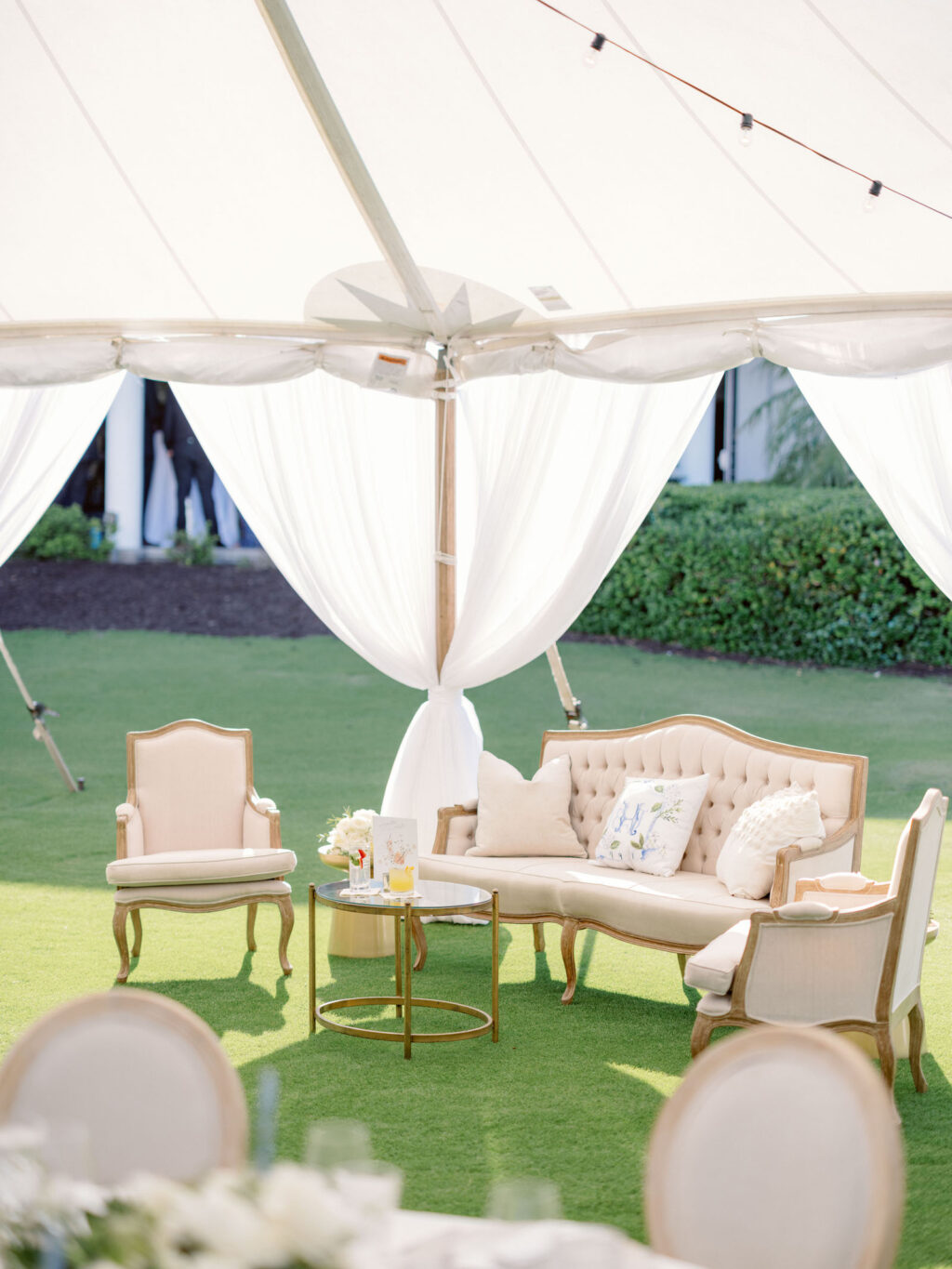 Elegant Florida Garden Wedding Reception Decor, Blush Pink Velvet Couch with Modern Gold Furniture for Cocktail Hour