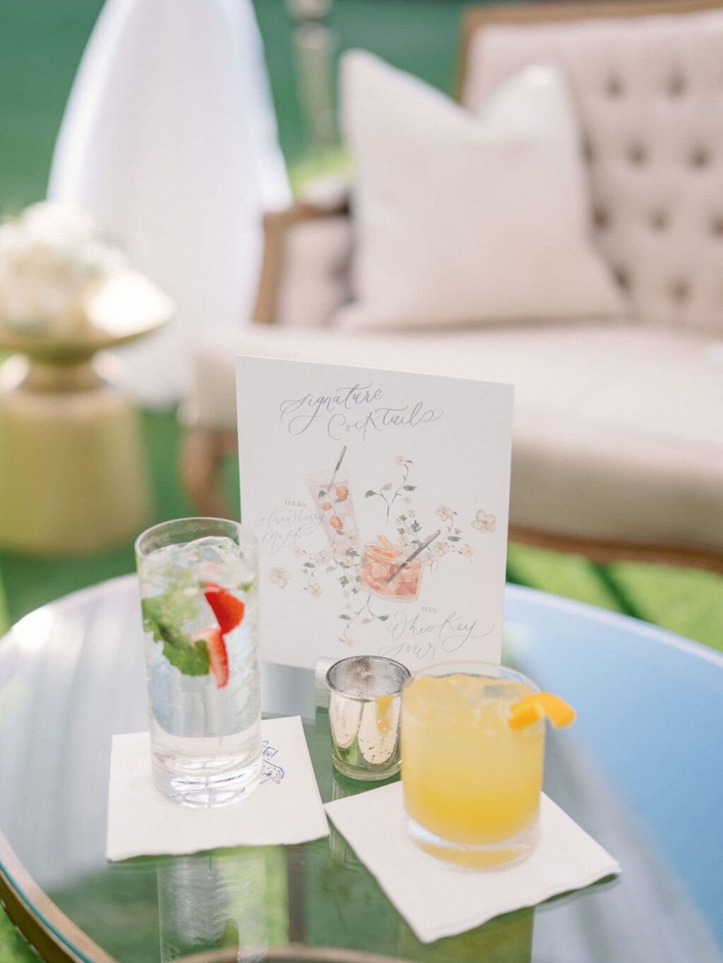 Elegant Florida Outdoor Garden Wedding with Luxurious Signature Cocktails and Water painted drink Menu