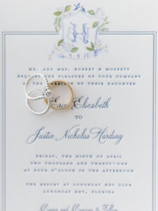 Elegant Florida Wedding Stationery and Engagement Rings, Dusty Blue and White Letter Pressed Invitations, Water Color Custom Seal, Ivory Florals, Silver Serving Tray