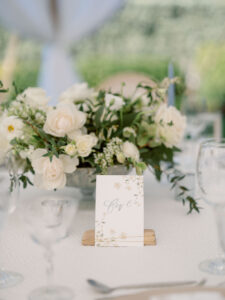 Elegant Florida Garden Wedding Reception Decor and Details, Custom Watercolor Table Number with Low Floral Centerpieces