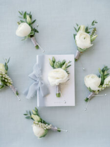 Luxurious Florida Wedding Groom and Groomsmen Boutonnieres, Vow Booklet with Dusty Blue Ribbon