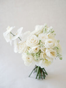 Luxurious Florida Wedding Florals, Elegant White Bridal Bouquet with Exotic Orchids, Ivory Roses, and Babys Breath Gypsophila
