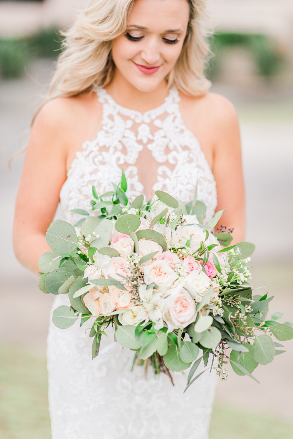 Romantic Pink Garden St. Pete Wedding | Bride Holding Blush Pink, Ivory Roses with Greenery and Eucalyptus Floral Bridal Bouquet | Tampa Bay Wedding Florist Brides N Blooms Designs
