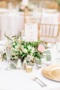 Romantic Pink Garden St. Pete Wedding Reception Decor | Low Greenery, White and Pink Floral Centerpiece | Tampa Bay Wedding Florist Brides N Blooms Designs