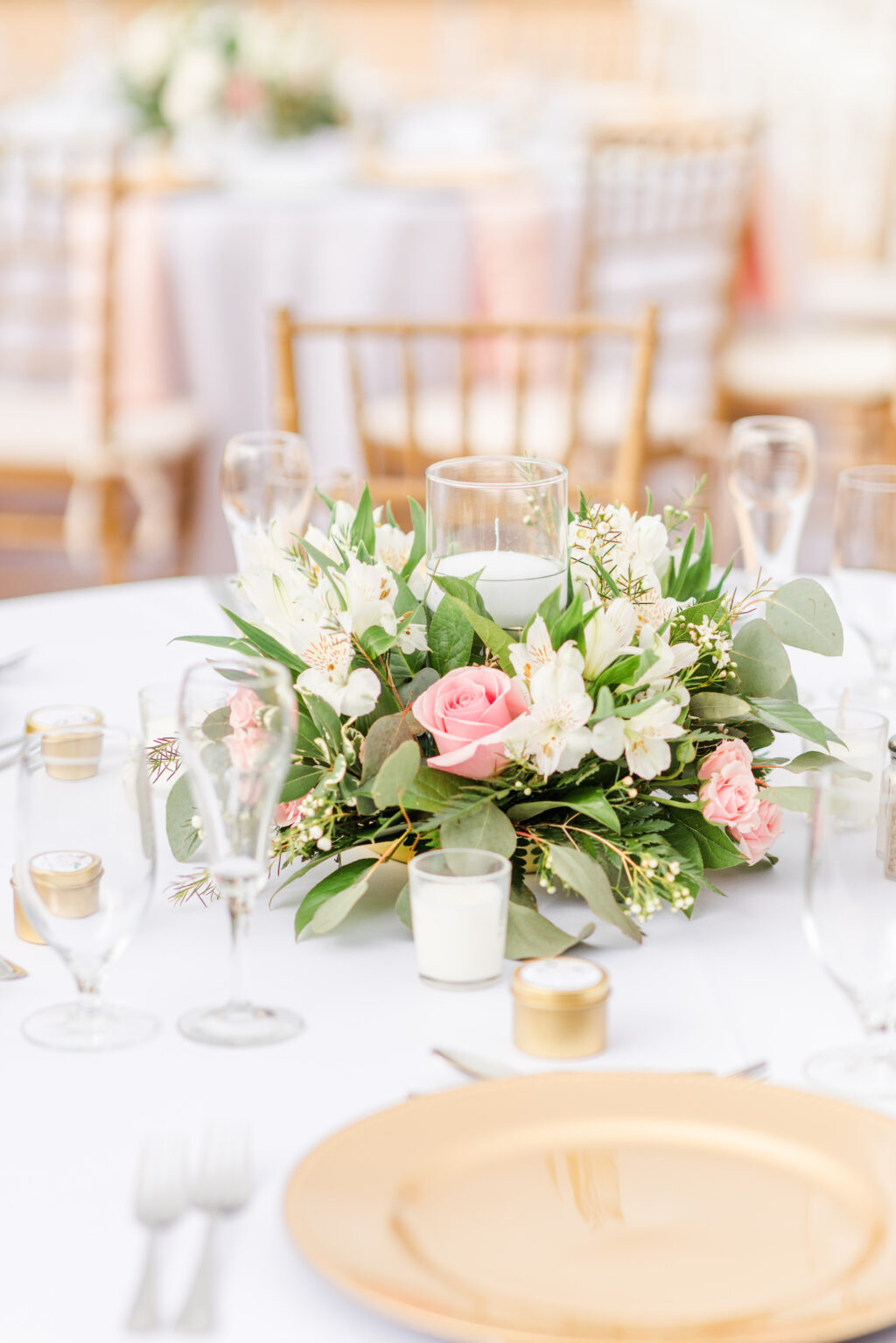 Romantic Pink Garden St. Pete Wedding Reception Decor | Low Greenery, White and Pink Floral Centerpiece and Candle | Tampa Bay Wedding Florist Brides N Blooms Designs