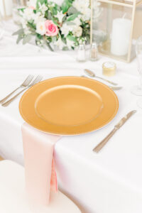 Romantic Pink Garden St. Pete Wedding Reception Decor | Gold Charger and Blush Pink Linen Napkin, Candle in Lantern