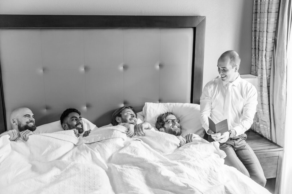 Funny Groom and Groomsmen Getting Ready Portrait