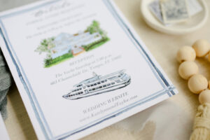 Romantic Coastal Chic Blue Wedding, Custom Watercolor Invitation Suite with Monogram and Painted Image of Venue | Tampa Bay Wedding Venue Yacht StarShip | Wedding Photographer Lifelong Photography Studio