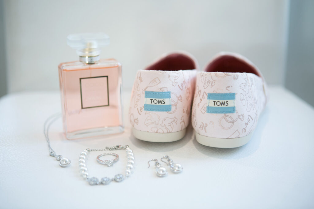 Toms Wedding Shoes with Bridal Accessories and Jewelry Portrait | Carrie Wildes Photography