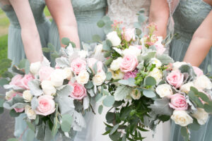 White and Pink Rose Bouquets with Eucalyptus
