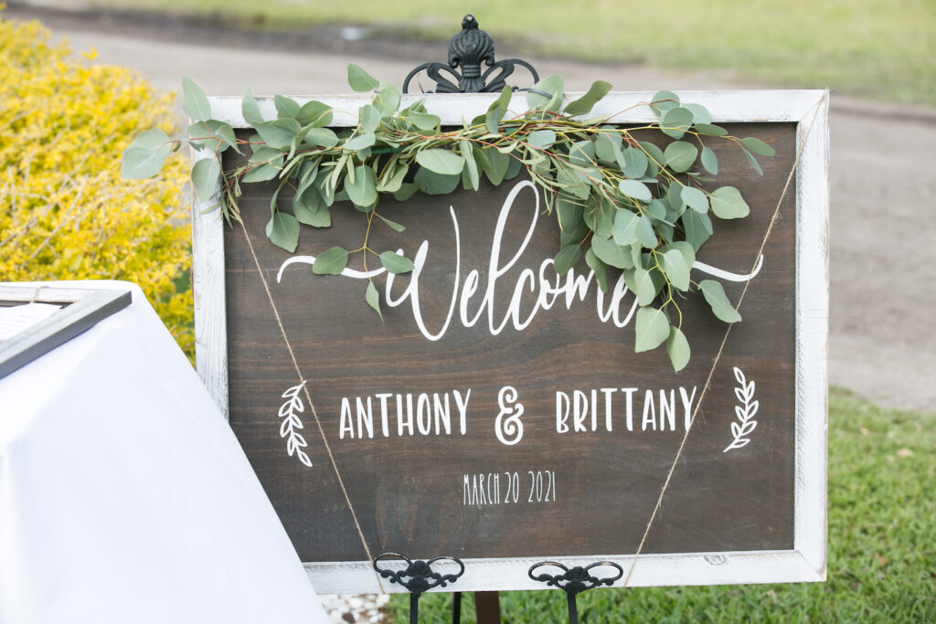 Wooden Wedding Sign with White Lettering and Eucalyptus Details
