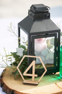 Pink Rose in Black Lantern and Gold Table Numbers