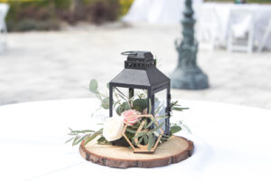 Pink Rose in Black Lantern and Gold Table Numbers Rustic Wedding Decor