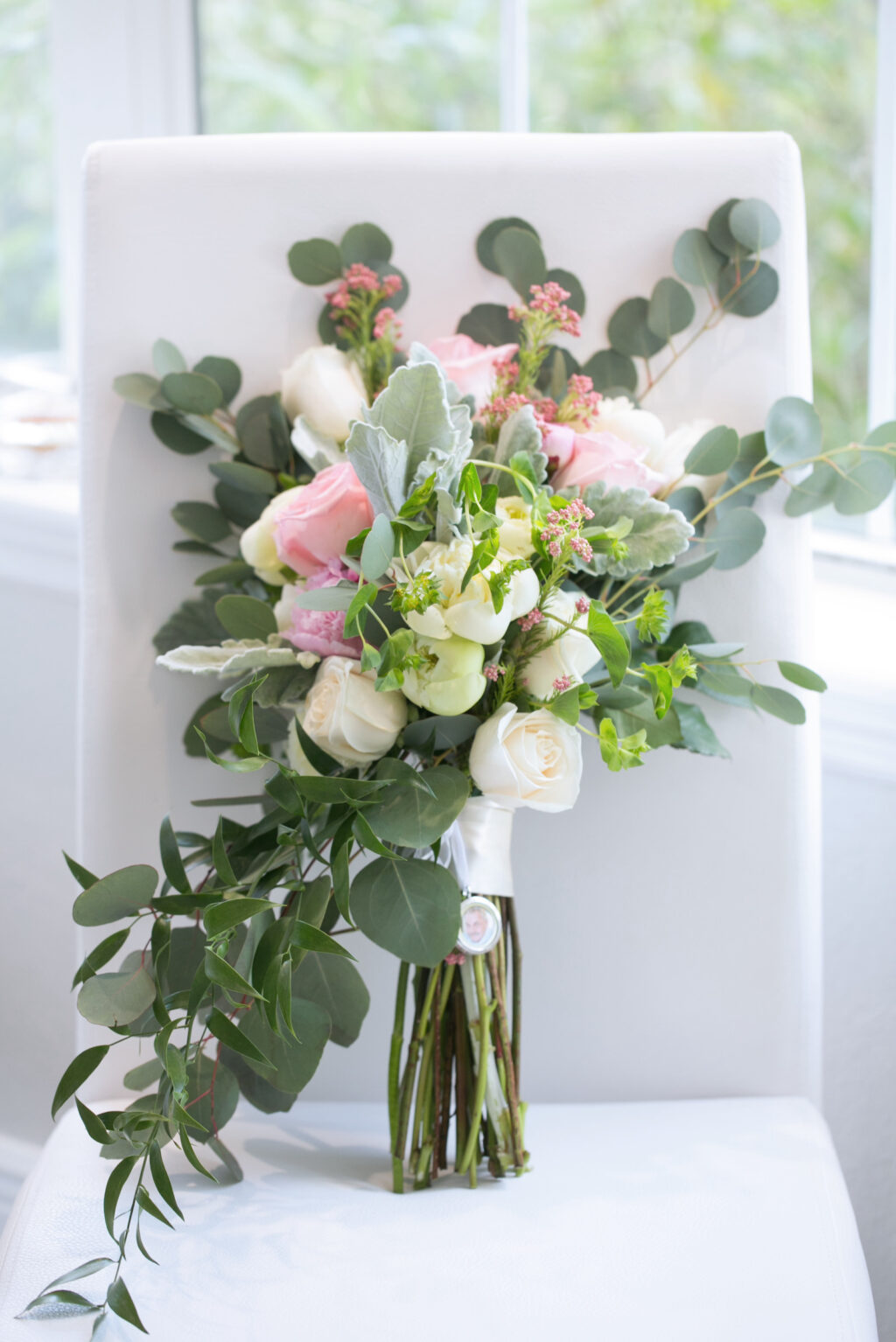 Bridal Bouquet with White and Pink Roses and Fresh Eucalyptus