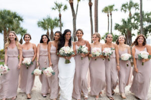 Bride and Bridesmaids with White and Blush Rose Bouquets Portrait | Bridesmaids in Blush Long Bridesmaids Gowns | Birdy Grey