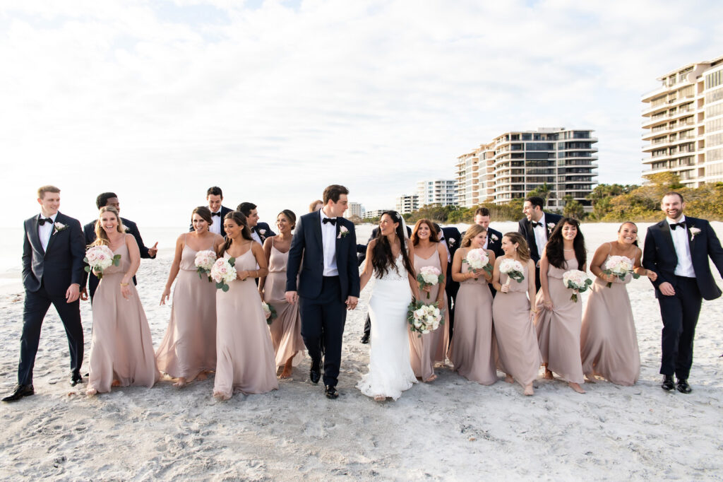 Bride and Groom with Bridal Party Beach Wedding Portrait | Waterfront Sarasota Wedding The Resort at Longboat Key Club
